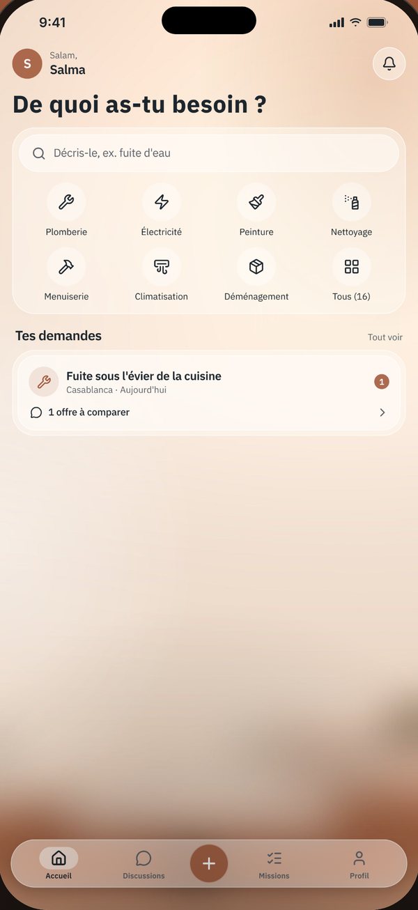 L’écran d’accueil de l’app Moudir pour les clients